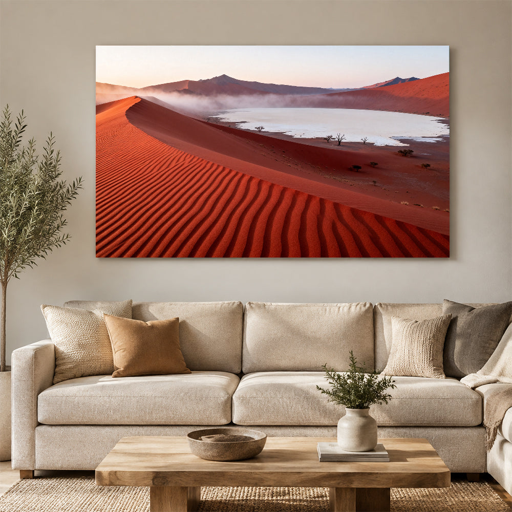Red Dunes and White Salt canvas wall art, living room mockup.