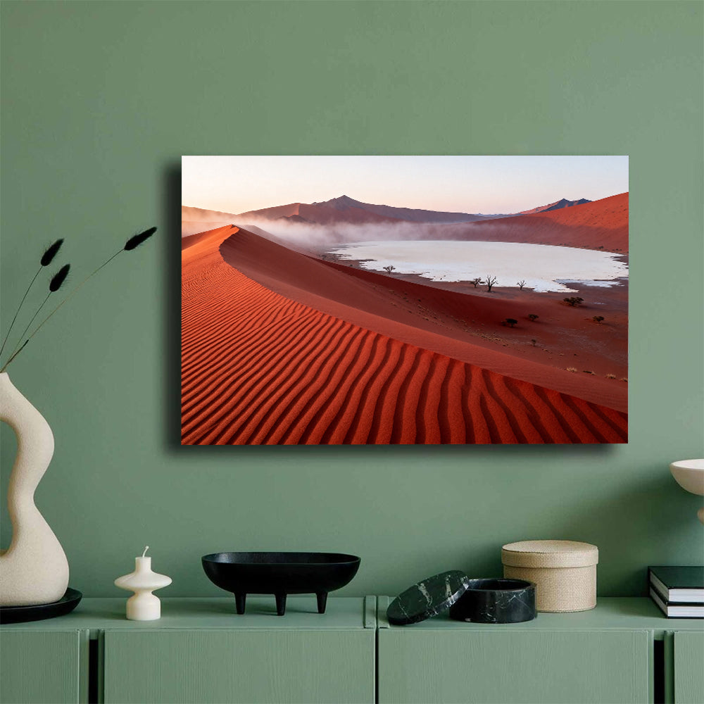 Red Dunes and White Salt canvas wall art, green wall mockup.