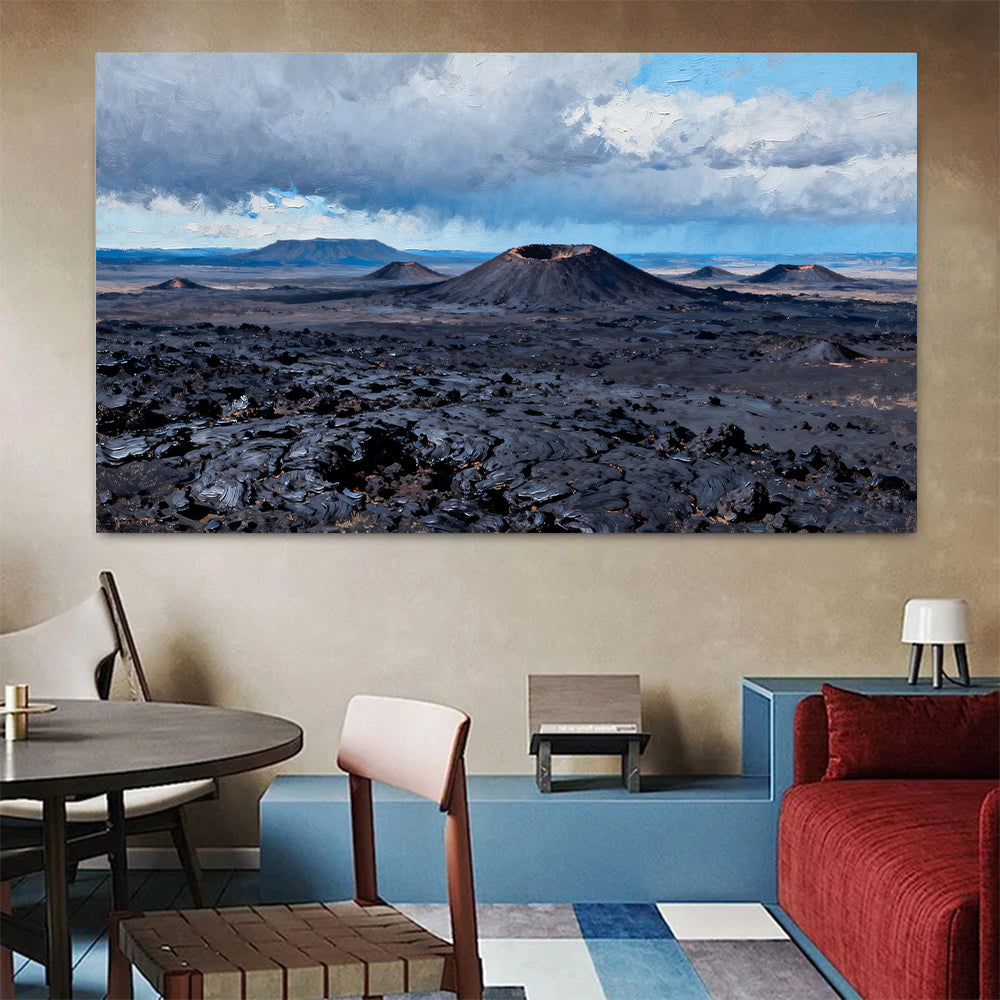 Lava Plain beneath Clouds canvas wall art, living dining room mockup.