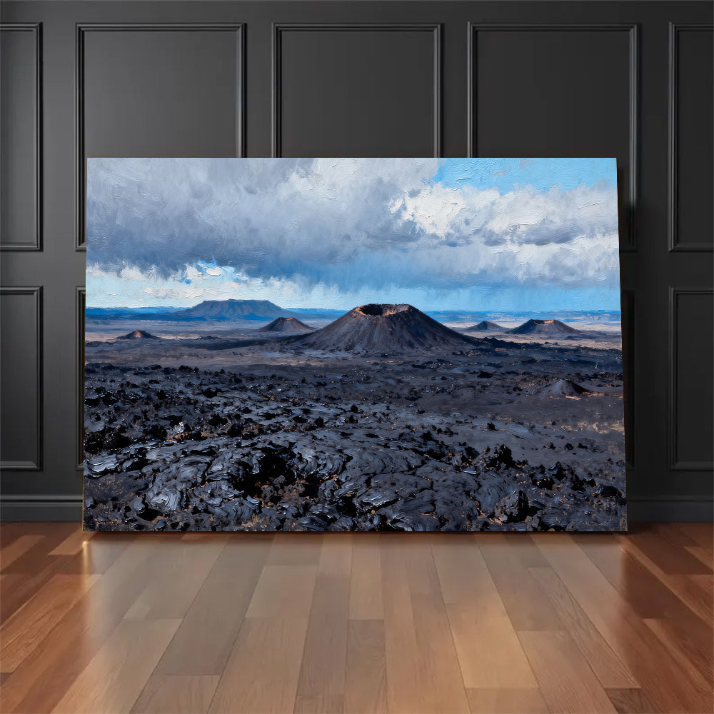 Lava Plain beneath Clouds canvas wall art, floor display mockup.