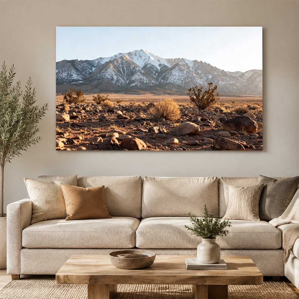 Snowy Ridge beyond the Desert canvas wall art, living room mockup.