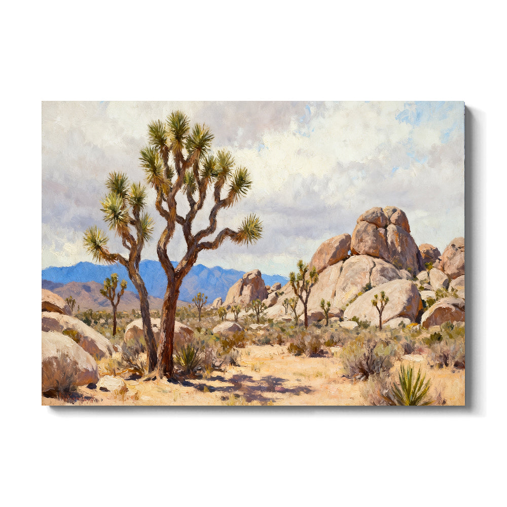 Joshua Tree Rock Garden canvas wall art, front view on a white background.