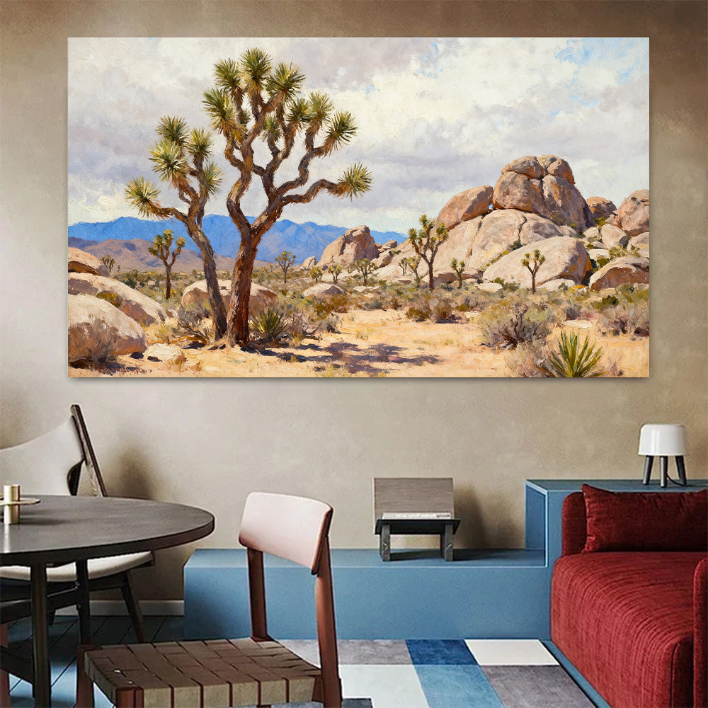 Joshua Tree Rock Garden canvas wall art, living dining room mockup.