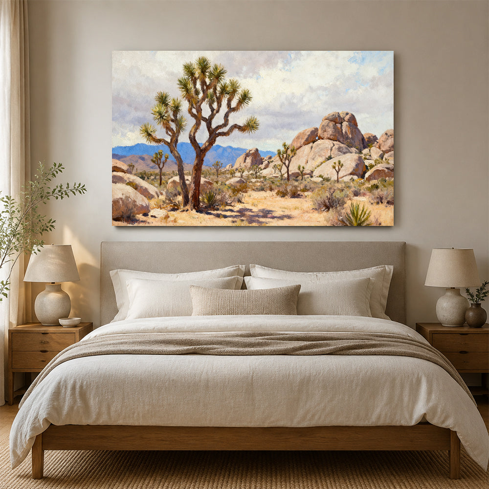 Joshua Tree Rock Garden canvas wall art, bedroom mockup.