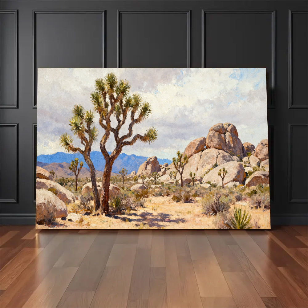 Joshua Tree Rock Garden canvas wall art, floor display mockup.