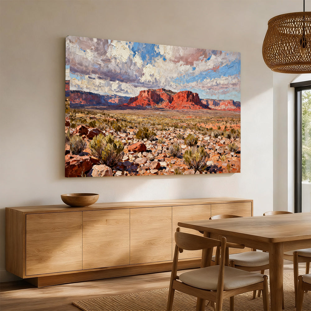 Cloudscape over Red Mesas canvas wall art, dining room mockup.