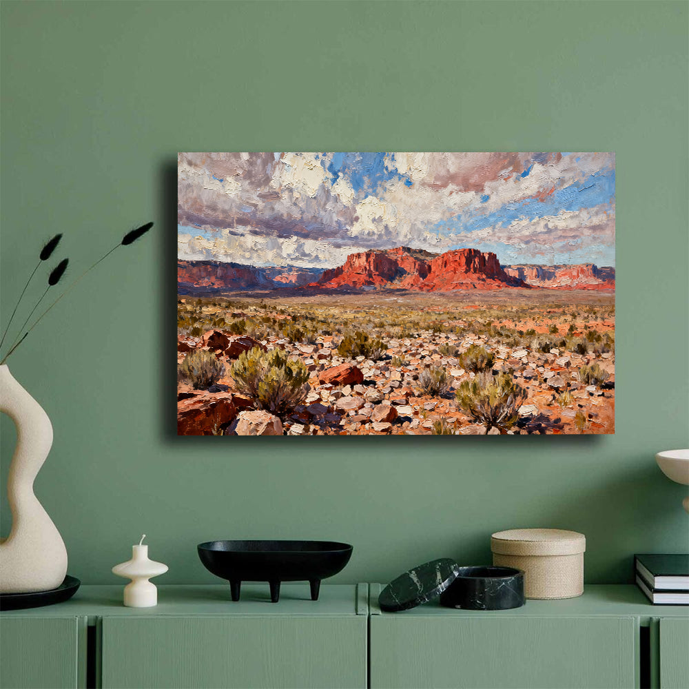 Cloudscape over Red Mesas canvas wall art, green wall mockup.