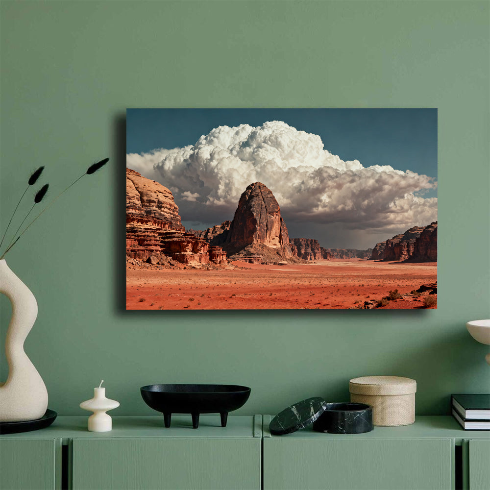 Towering Clouds over Sandstone canvas wall art, green wall mockup.
