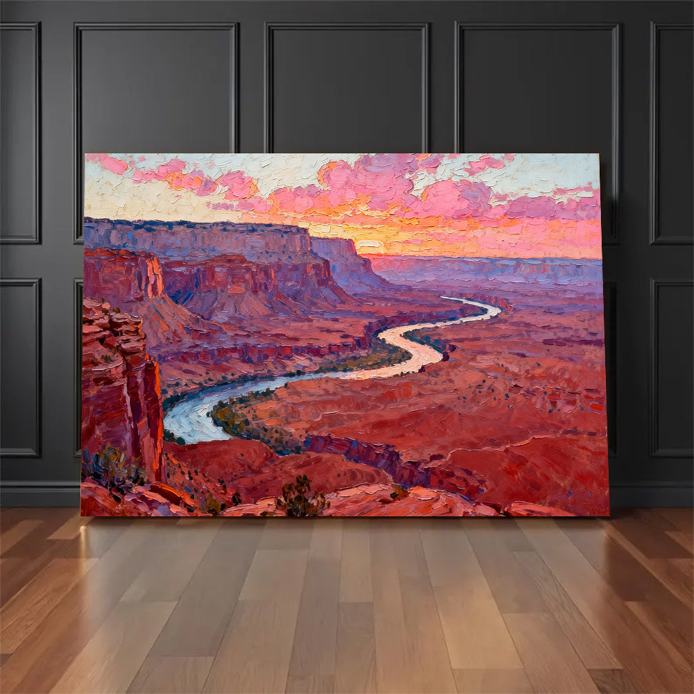 Winding River through Red Canyons canvas wall art, floor display mockup.
