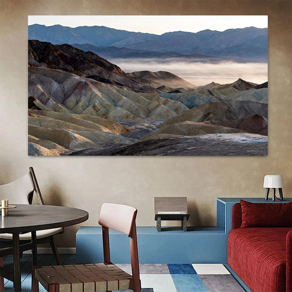 Misty Layers of the Badlands canvas wall art, living dining room mockup.