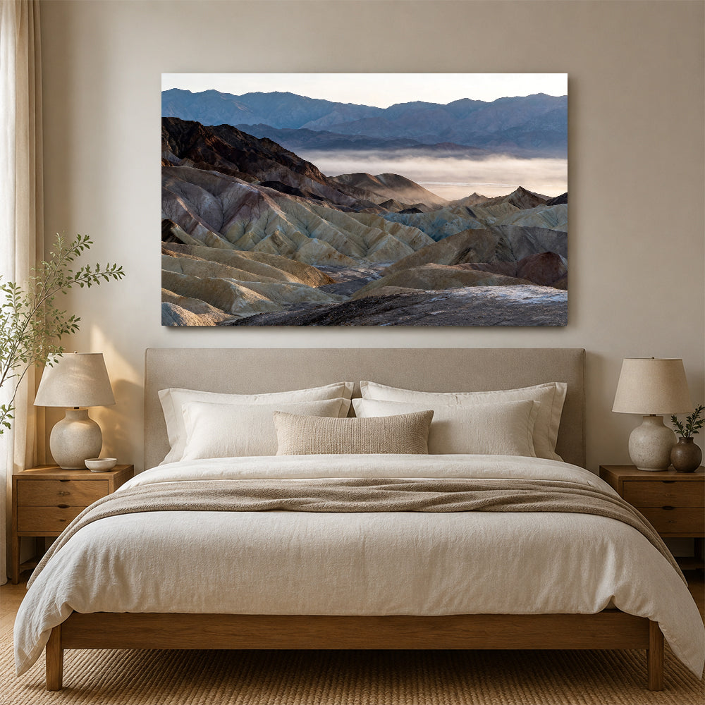 Misty Layers of the Badlands canvas wall art, bedroom mockup.