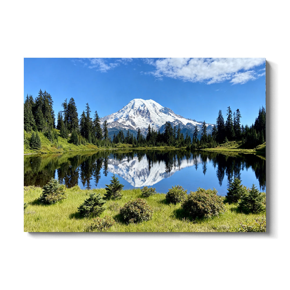Snowy Summit and Green Shore canvas wall art, front view on a white background.
