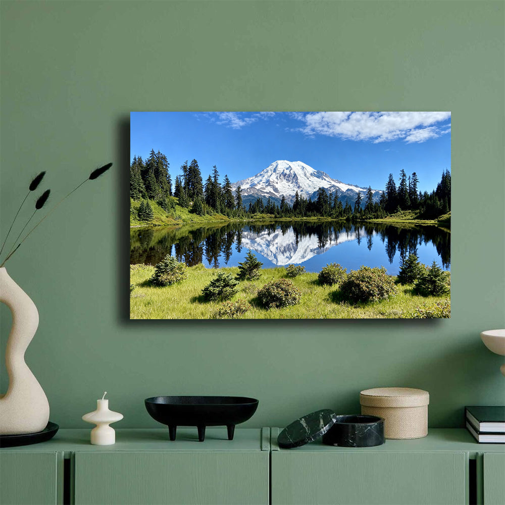 Snowy Summit and Green Shore canvas wall art, green wall mockup.