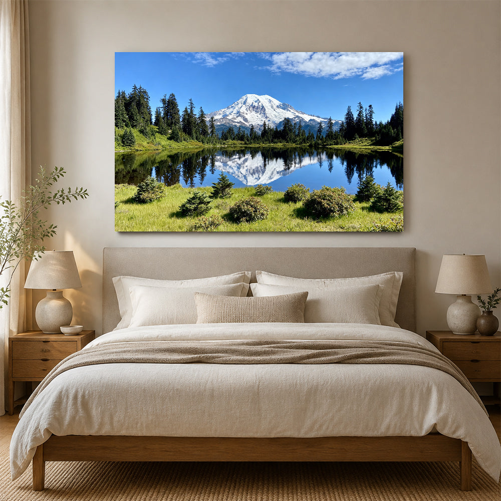 Snowy Summit and Green Shore canvas wall art, bedroom mockup.