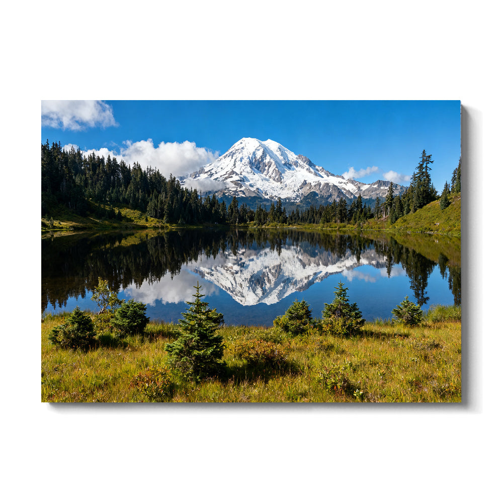 Clear Alpine Lake Reflection canvas wall art, front view on a white background.