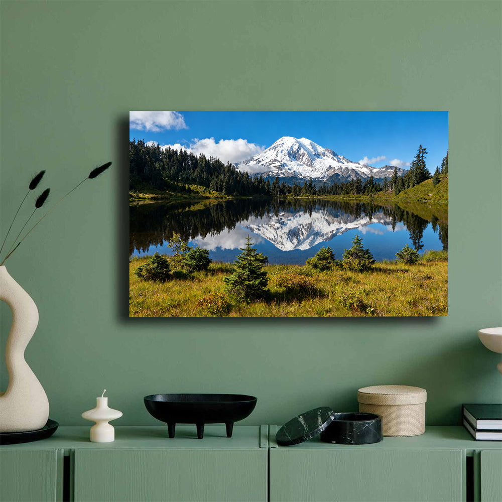 Clear Alpine Lake Reflection canvas wall art, green wall mockup.