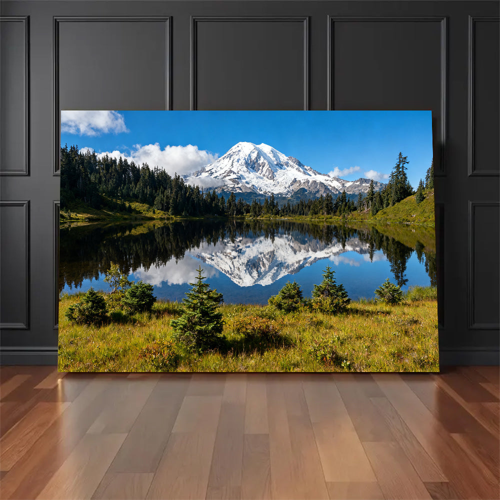 Clear Alpine Lake Reflection canvas wall art, floor display mockup.