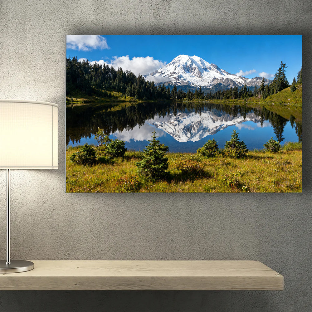 Clear Alpine Lake Reflection canvas wall art, desk mockup.