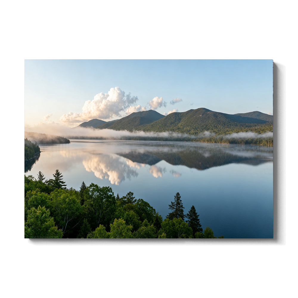 Morning Mist across the Lake canvas wall art, front view on a white background.