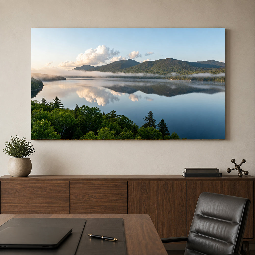 Morning Mist across the Lake canvas wall art, office mockup.