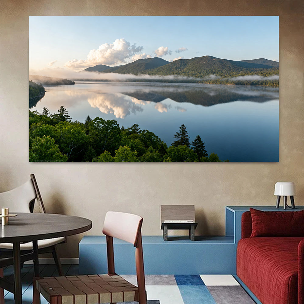 Morning Mist across the Lake canvas wall art, living dining room mockup.