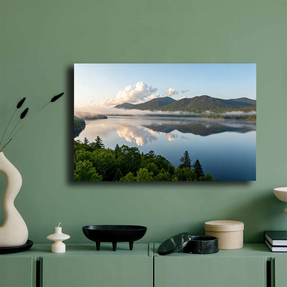 Morning Mist across the Lake canvas wall art, green wall mockup.