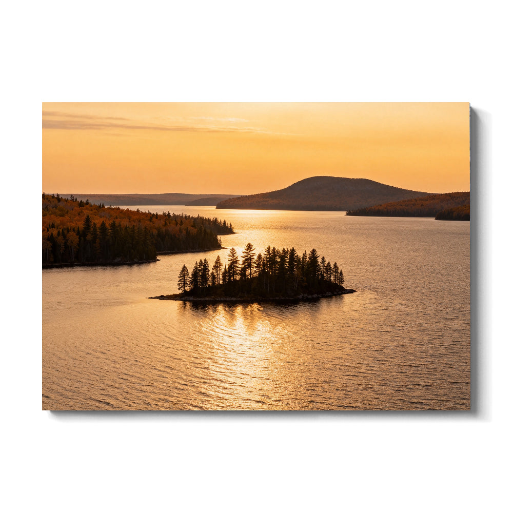 Golden Island at Sunset canvas wall art, front view on a white background.