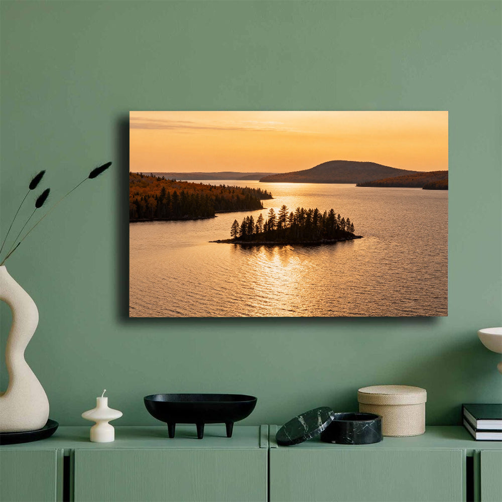 Golden Island at Sunset canvas wall art, green wall mockup.