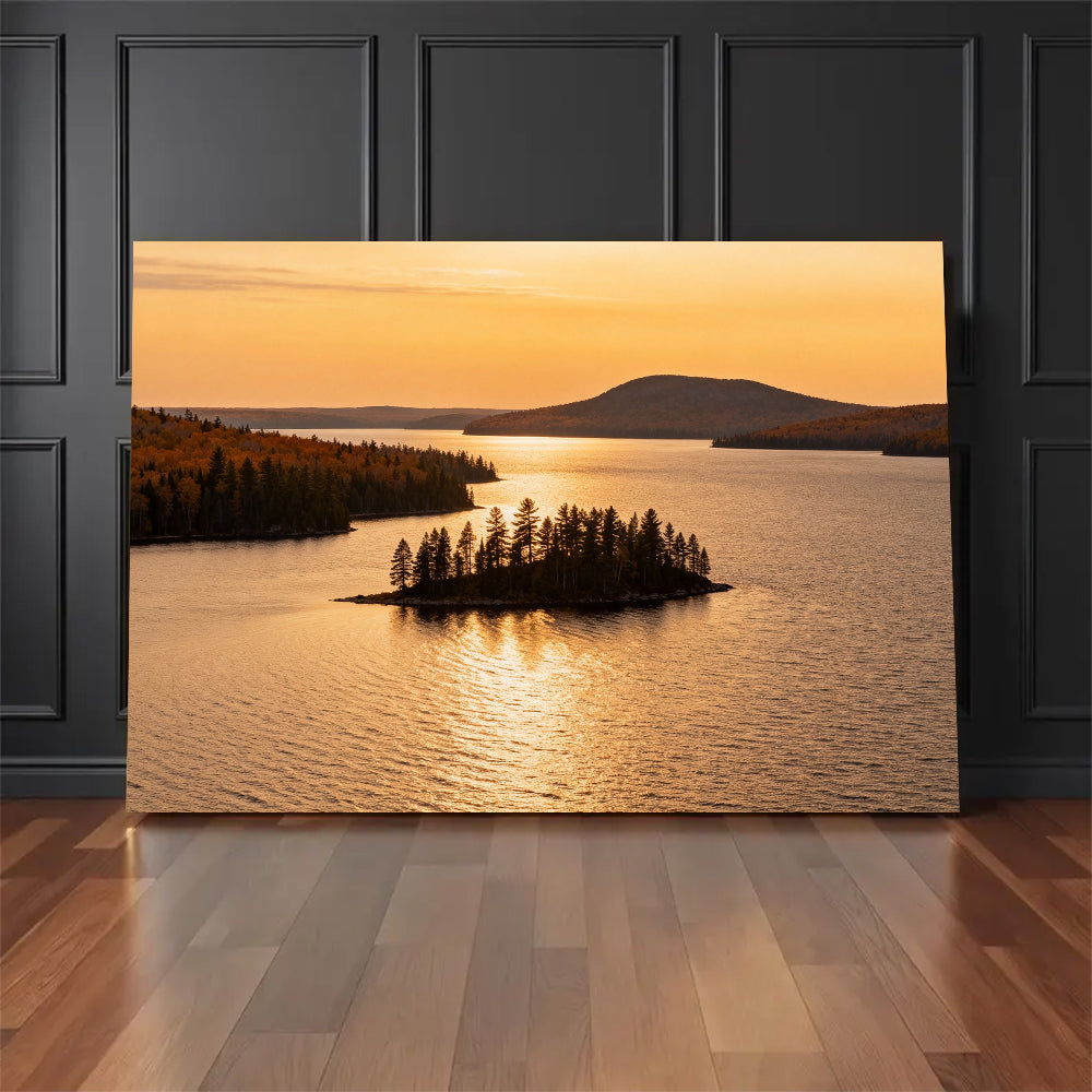 Golden Island at Sunset canvas wall art, floor display mockup.