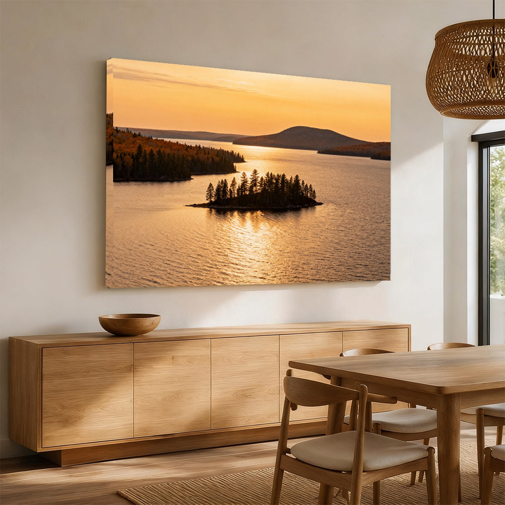 Golden Island at Sunset canvas wall art, dining room mockup.