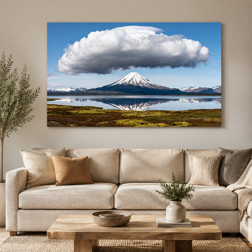 Cloud Crown over a Lake canvas wall art, living room mockup.