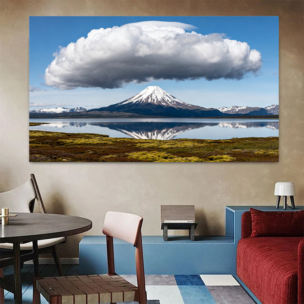 Cloud Crown over a Lake canvas wall art, living dining room mockup.