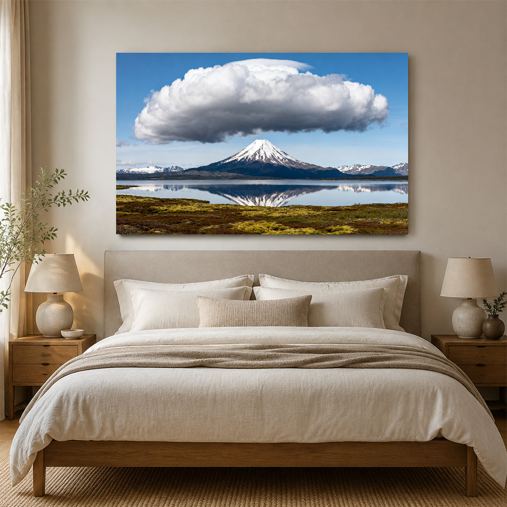 Cloud Crown over a Lake canvas wall art, bedroom mockup.