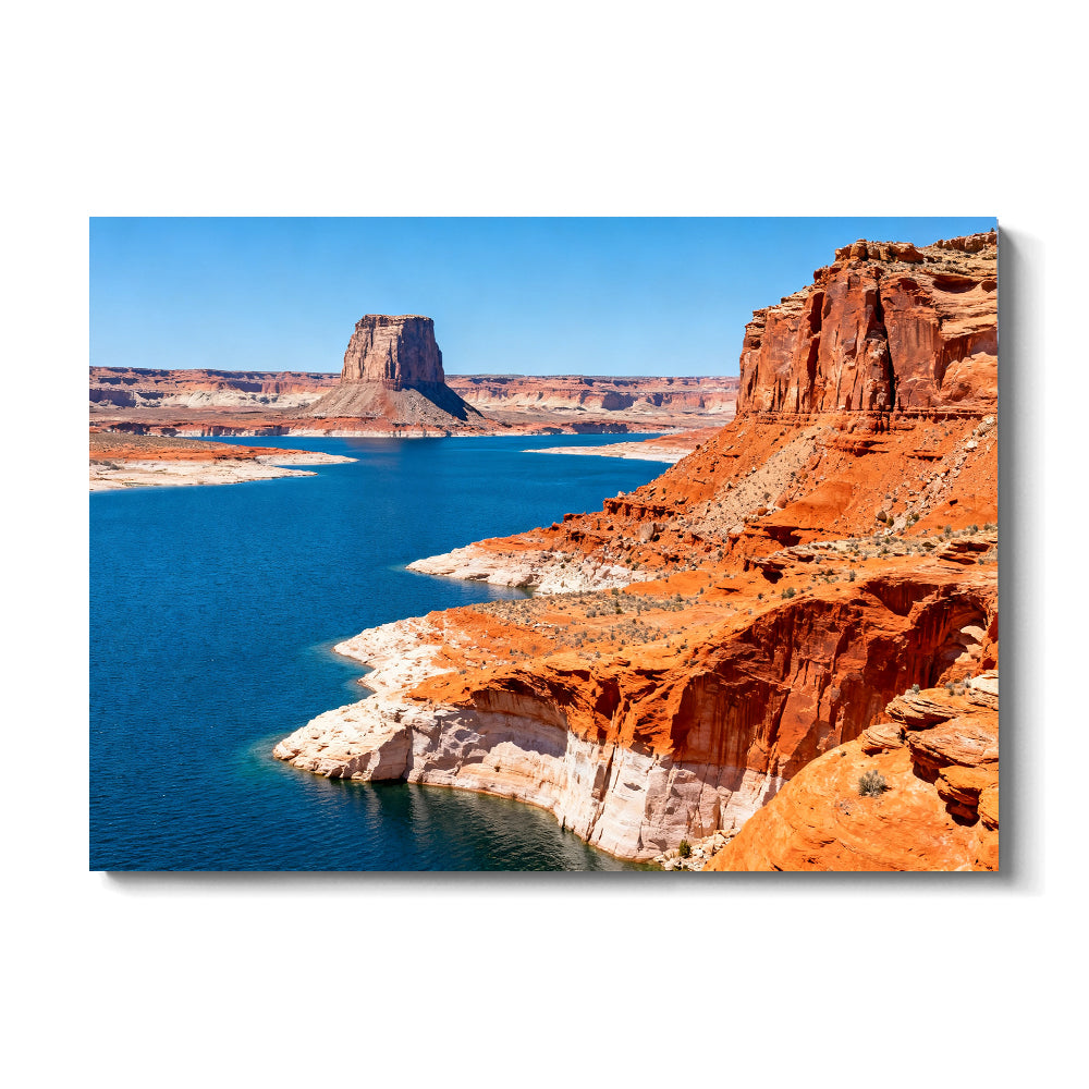 Blue Water between Red Cliffs canvas wall art, front view on a white background.
