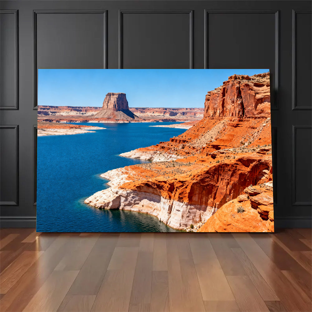 Blue Water between Red Cliffs canvas wall art, floor display mockup.