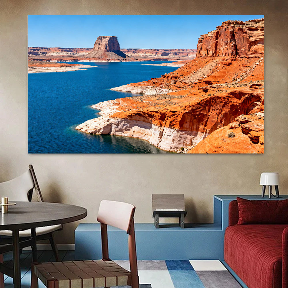 Blue Water between Red Cliffs canvas wall art, living dining room mockup.