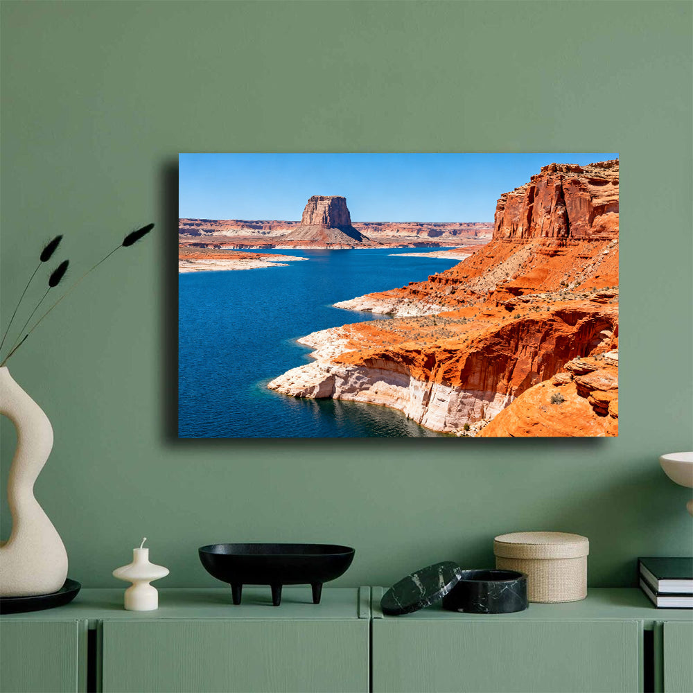 Blue Water between Red Cliffs canvas wall art, green wall mockup.