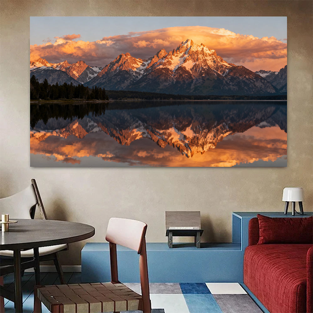 Golden Summit Reflection canvas wall art, living dining room mockup.