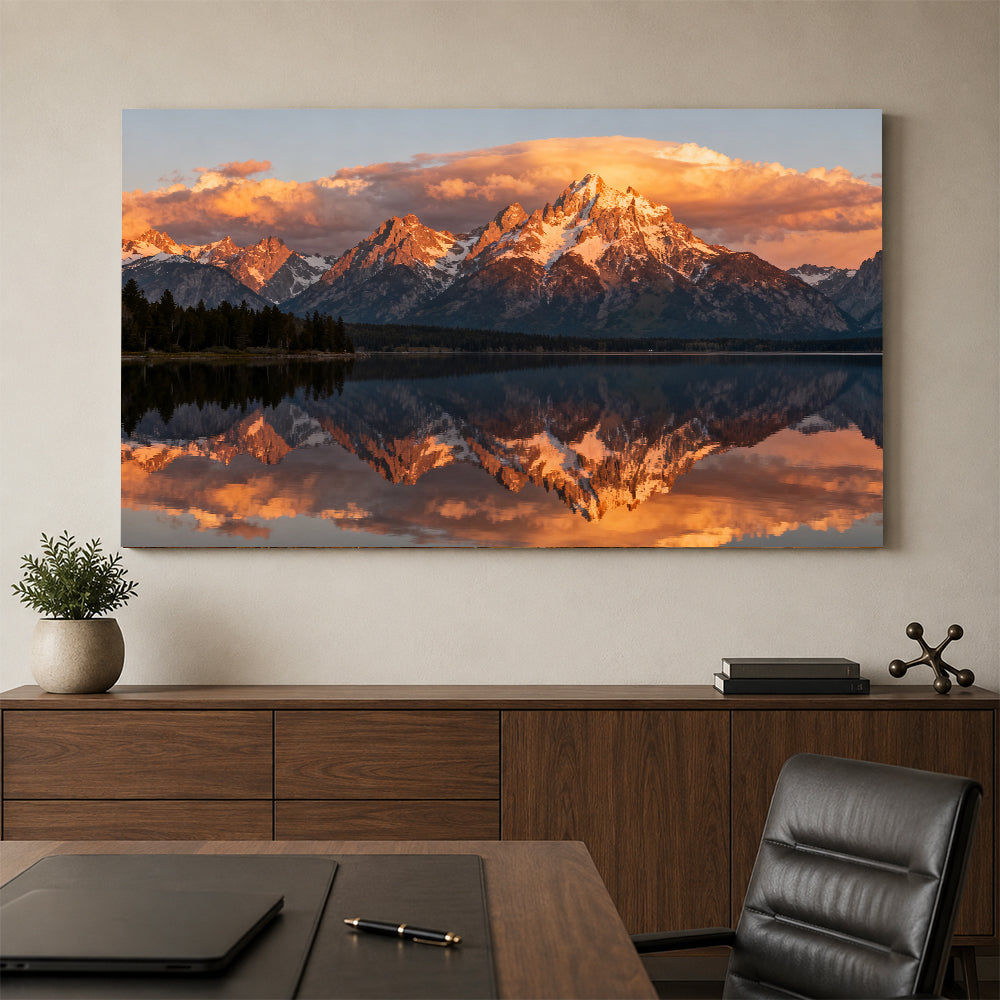 Golden Summit Reflection canvas wall art, office mockup.