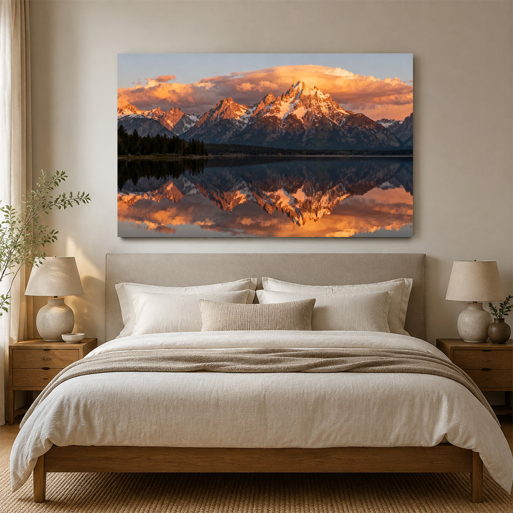 Golden Summit Reflection canvas wall art, bedroom mockup.