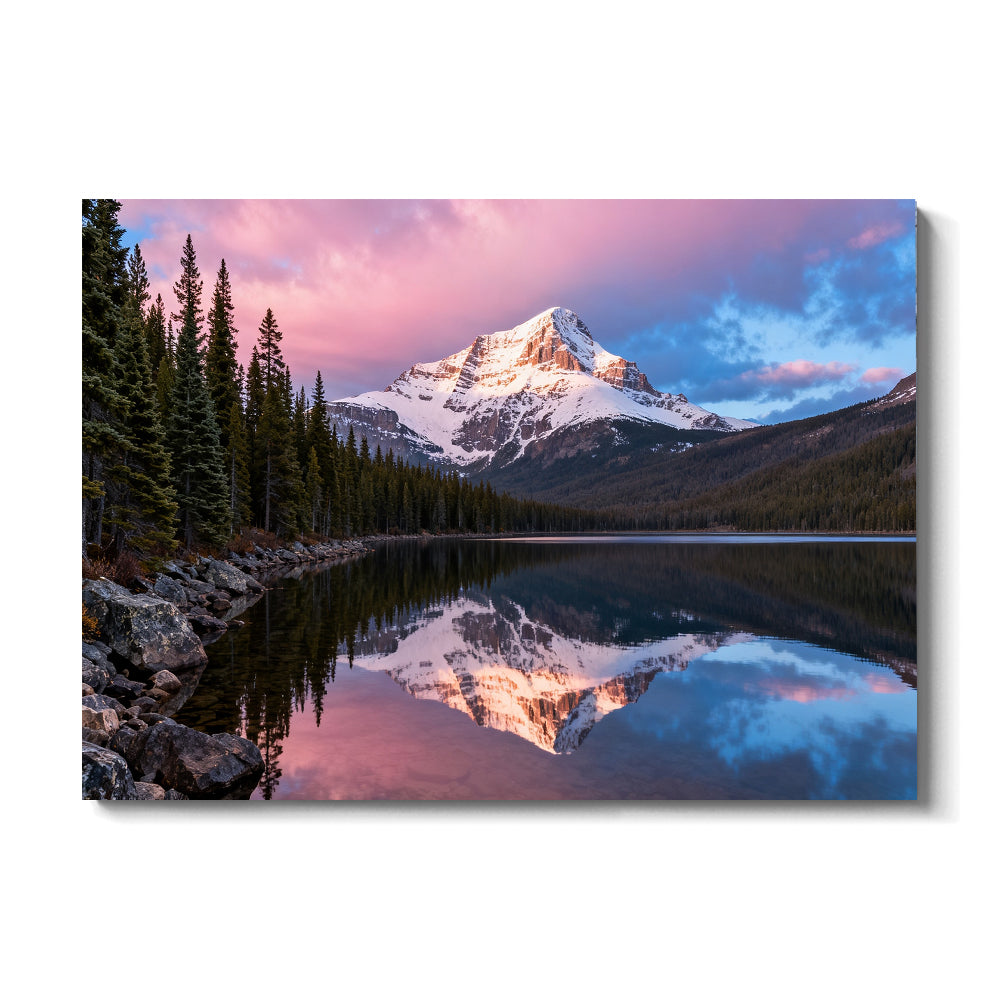Rose Sky over a Forest Lake canvas wall art, front view on a white background.