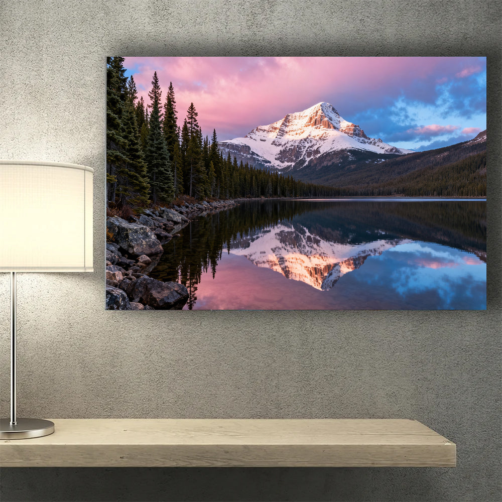 Rose Sky over a Forest Lake canvas wall art, desk mockup.