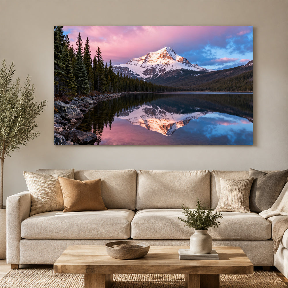 Rose Sky over a Forest Lake canvas wall art, living room mockup.