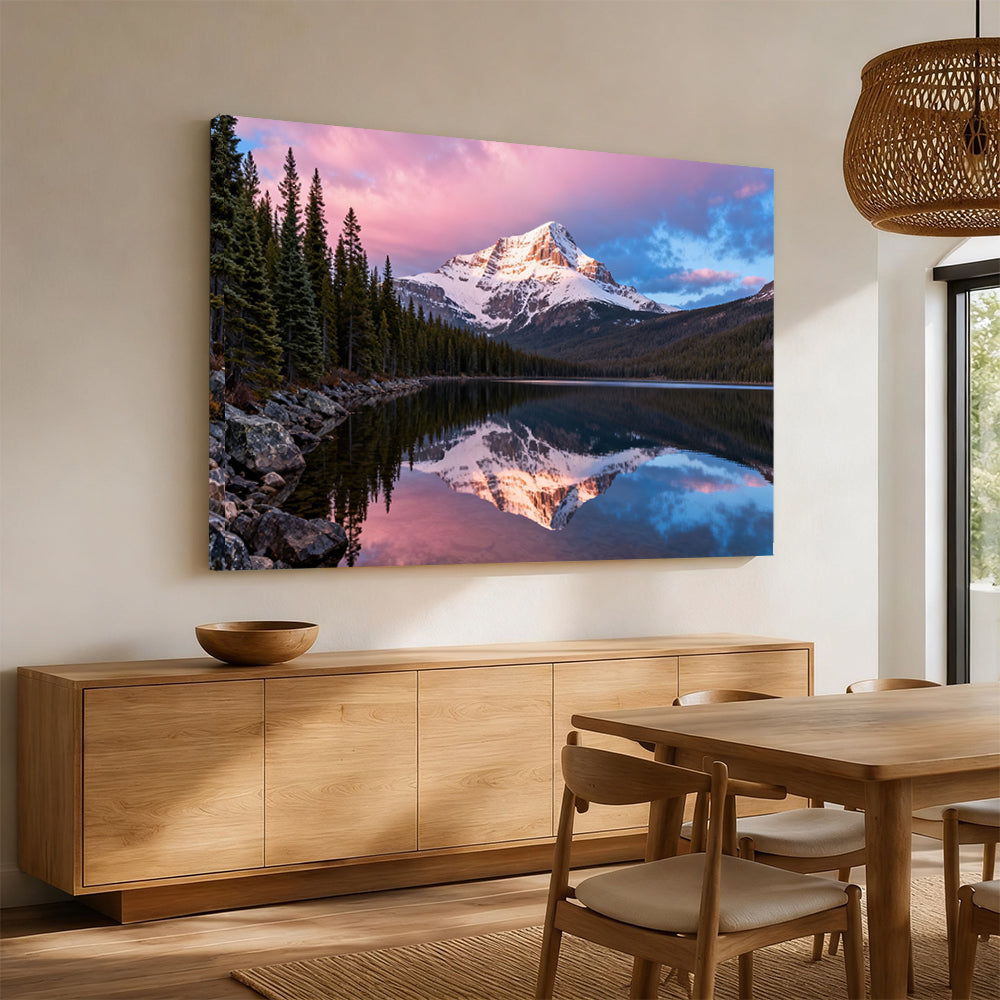 Rose Sky over a Forest Lake canvas wall art, dining room mockup.