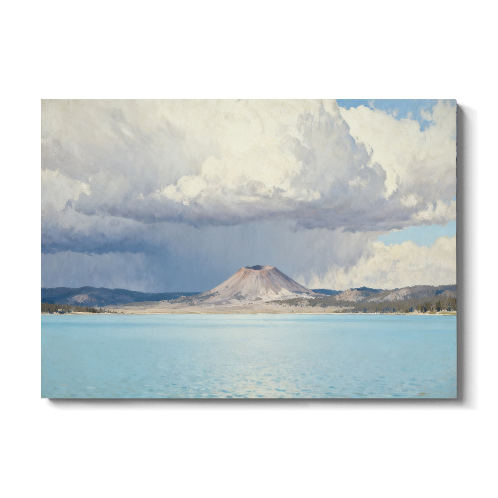 Pale Blue Lake under Clouds canvas wall art, front view on a white background.