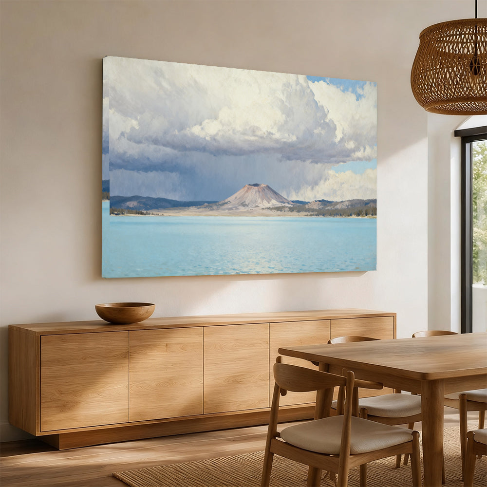 Pale Blue Lake under Clouds canvas wall art, dining room mockup.