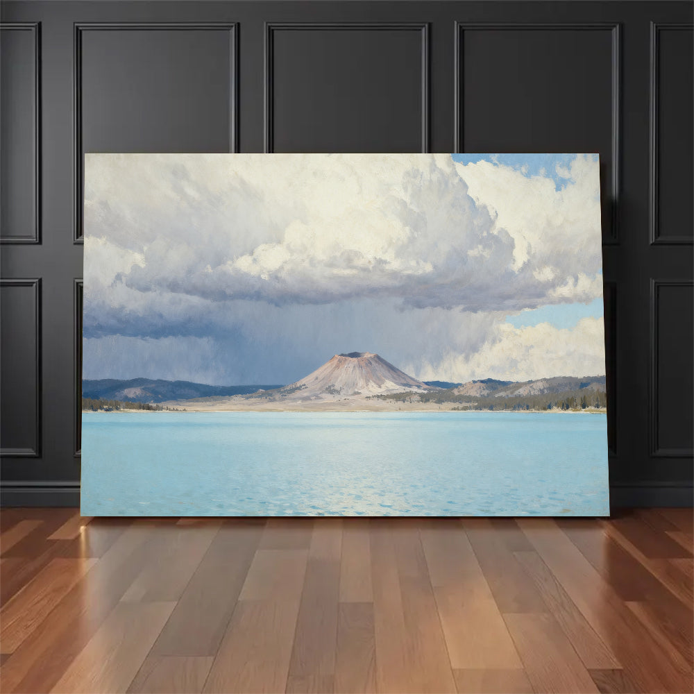 Pale Blue Lake under Clouds canvas wall art, floor display mockup.
