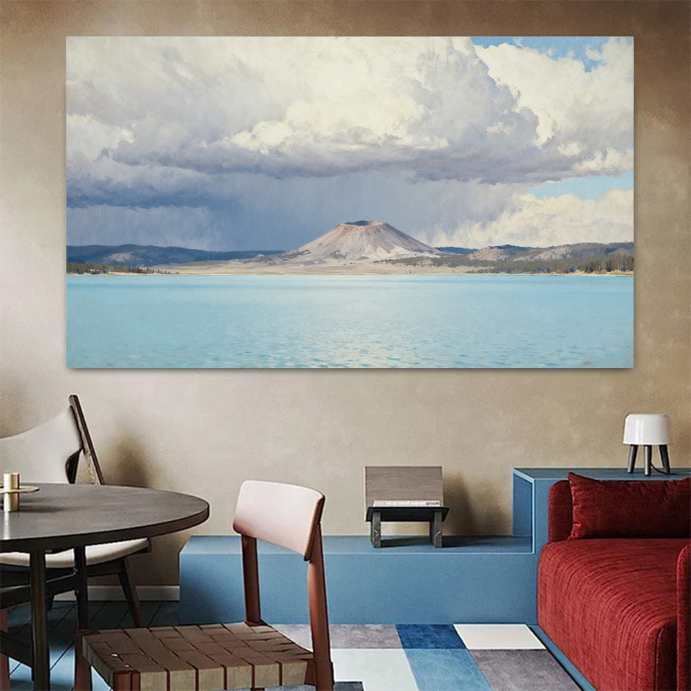Pale Blue Lake under Clouds canvas wall art, living dining room mockup.