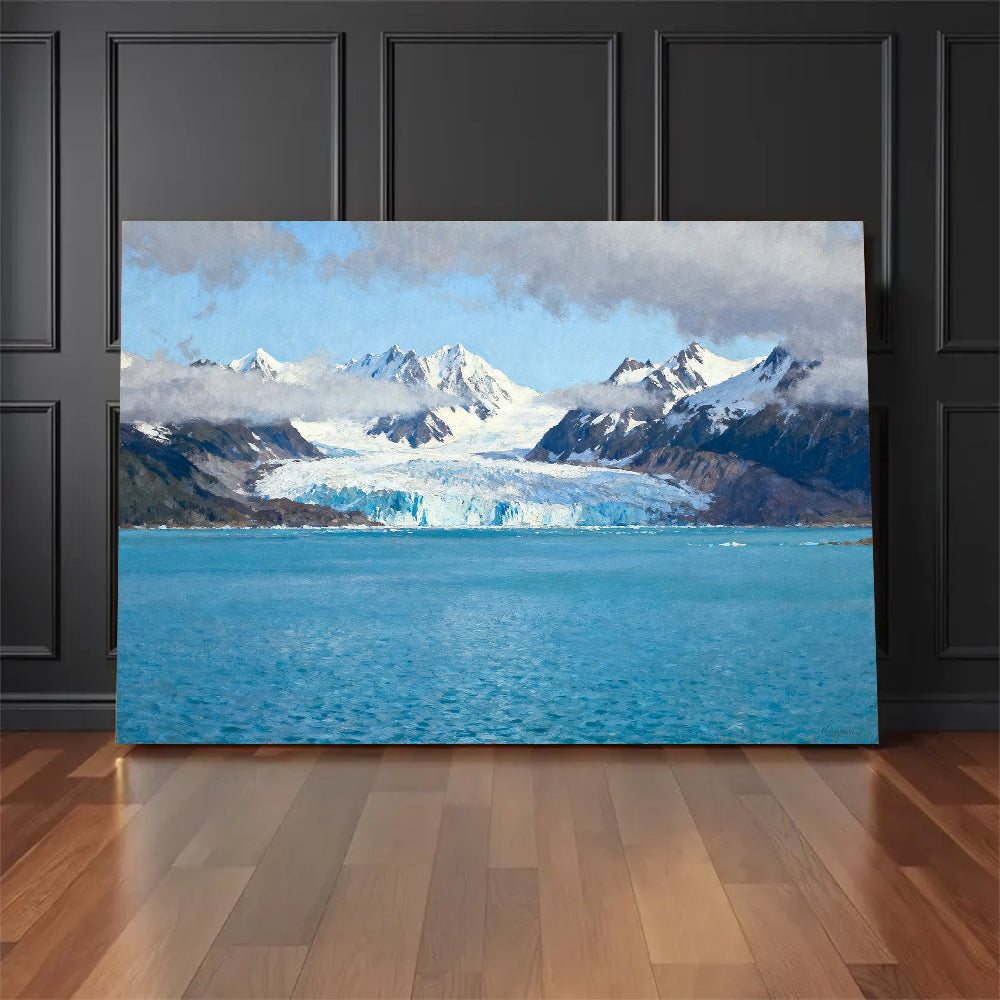 Glacier Lake in Soft Blue canvas wall art, floor display mockup.