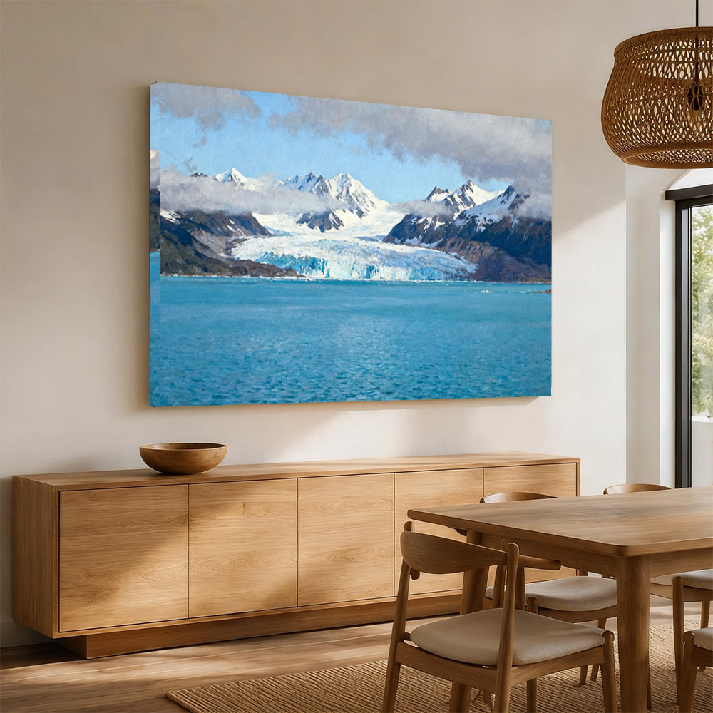Glacier Lake in Soft Blue canvas wall art, dining room mockup.